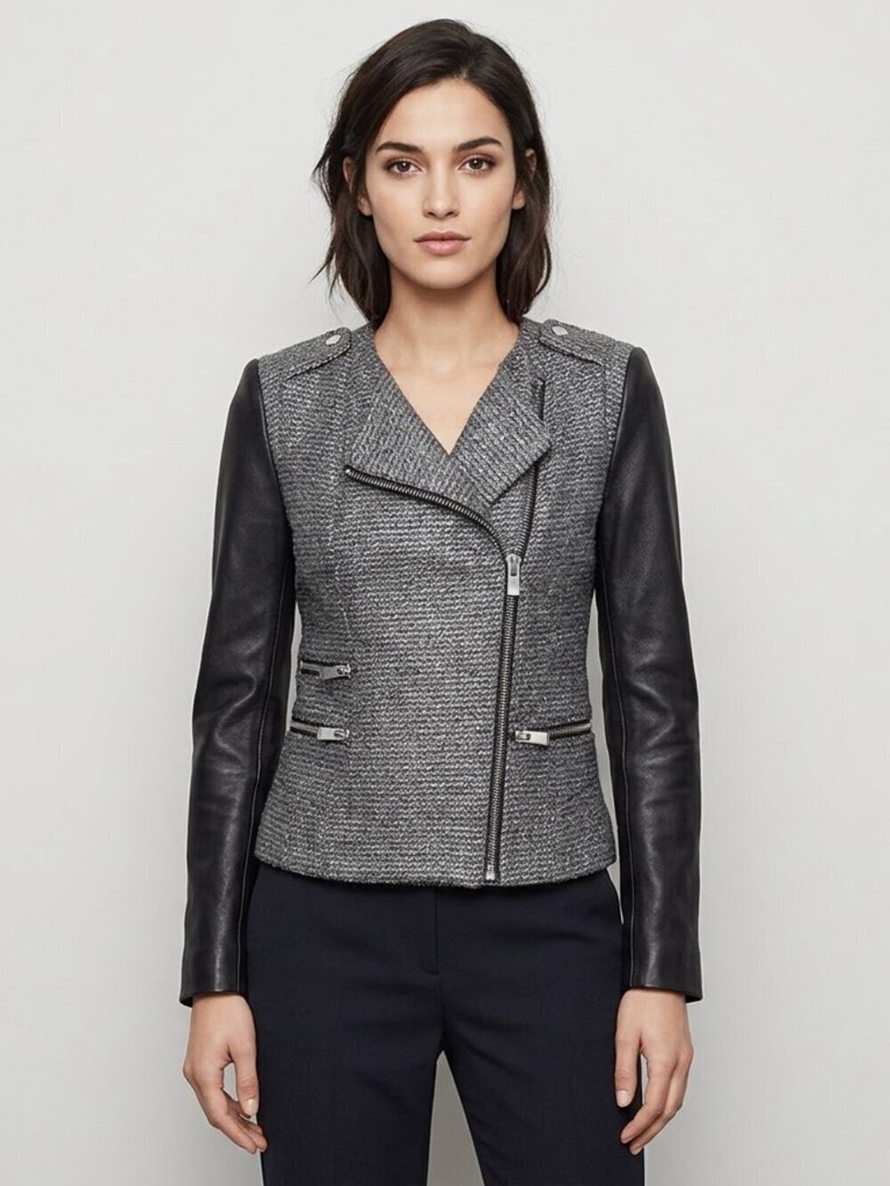 Maje Wool Leather sleeve Moto Jacket size 36 2